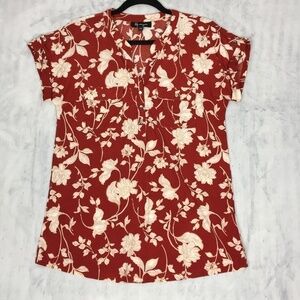 Lily Morgan Top Rust Floral Short Sleeve Sz Medium Satiny Flowy Fabric
